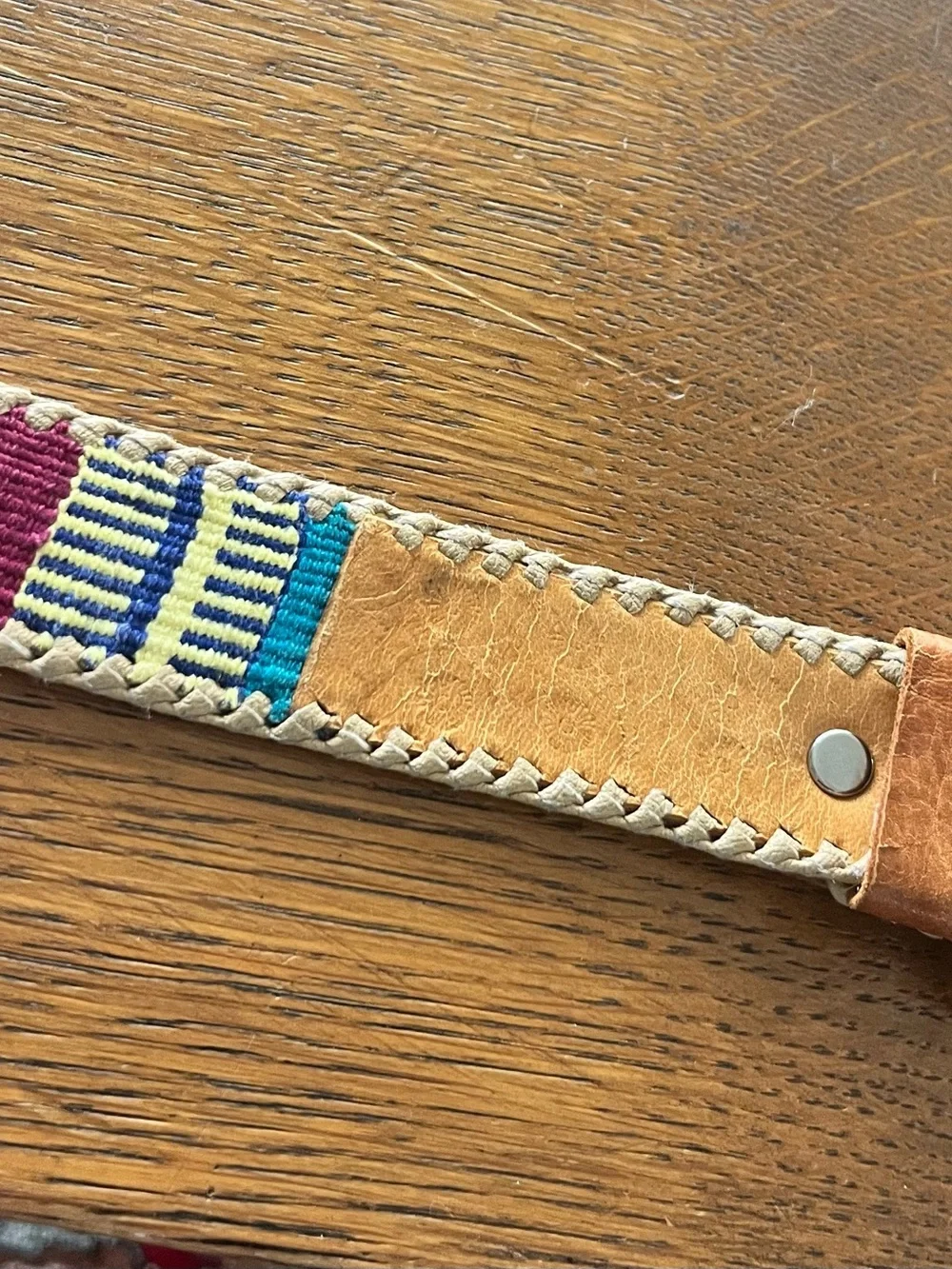 Vtg Hand Woven Belt Leather Traditional Art Guatemalan Multi Color Textile